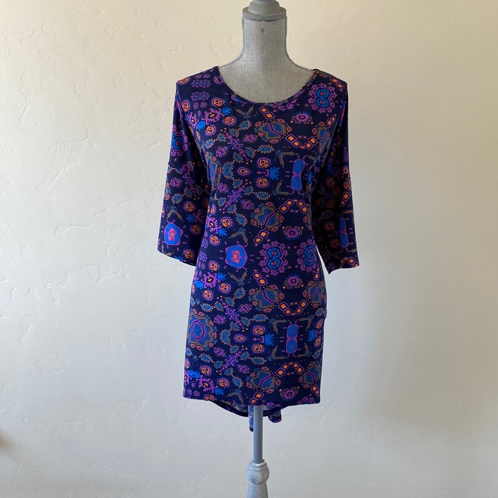 LuLaRoe Irma Purple Blue and Orange paisley like pattern